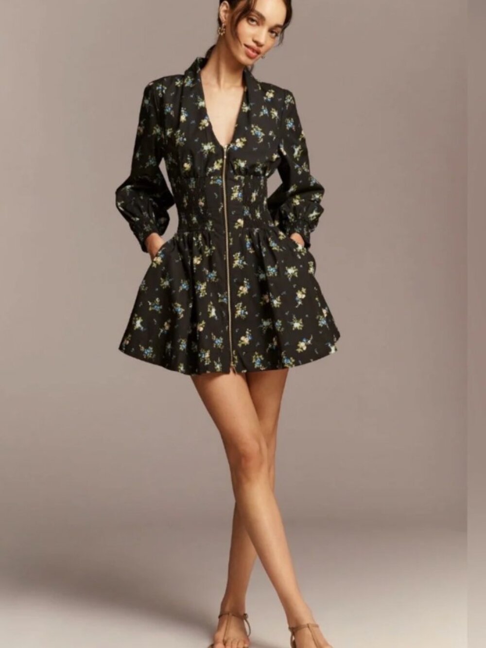 Anthropologie Tommie Long-Sleeve Smocked Front-Zip Mini Shirtdress